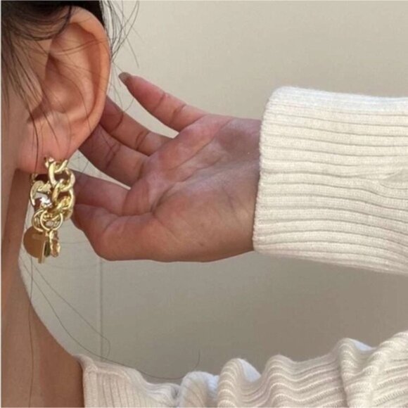 Gold Chain Pendant Charm Cross Hoop Earrings - Picture 1 of 4